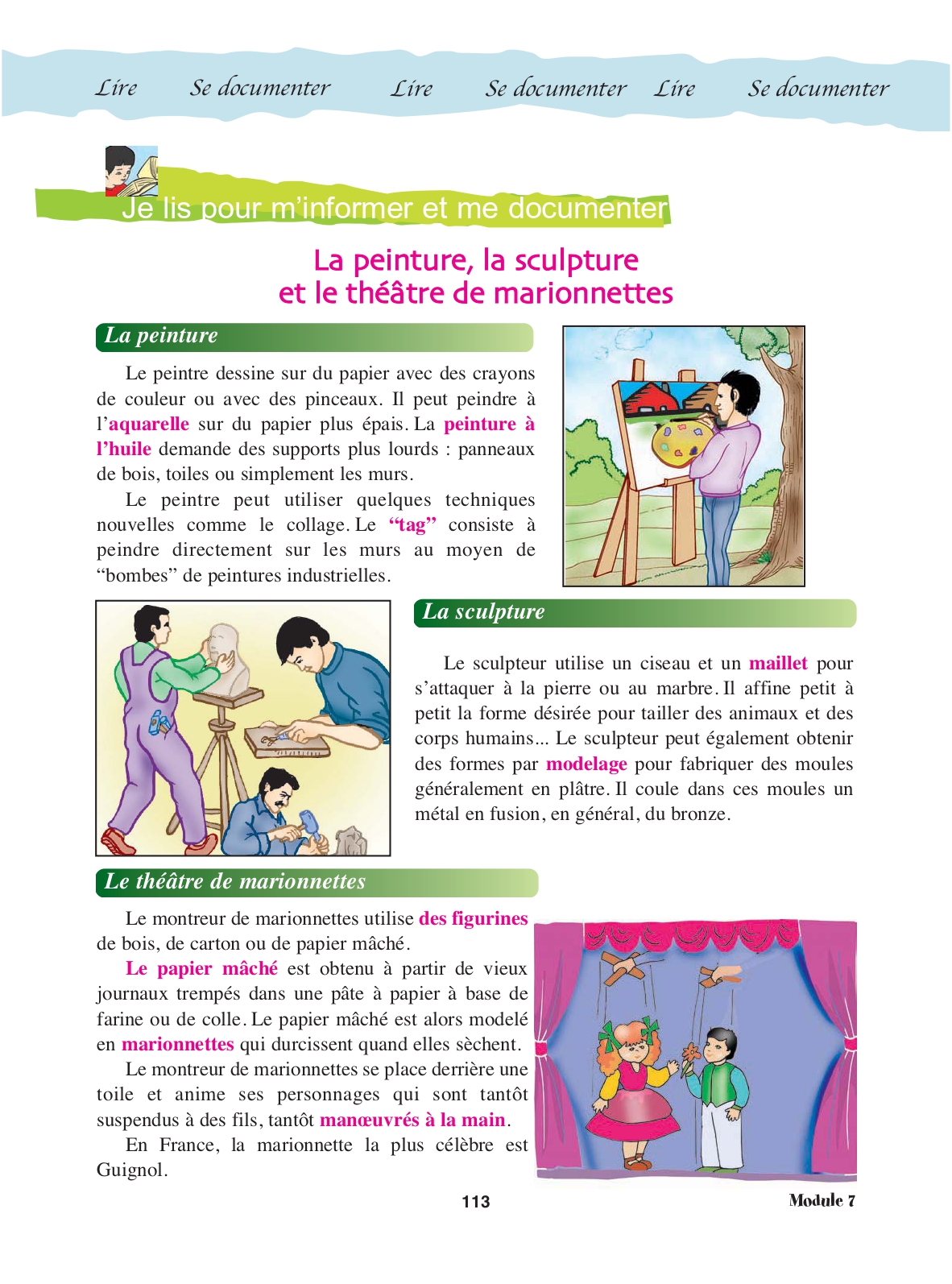 Cahier, page 113, texte documentaire complet : La peinture, la sculpture et le théâtre de marionnettes